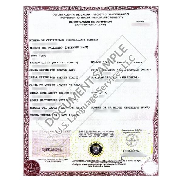 Death Certificate from Puerto Rico